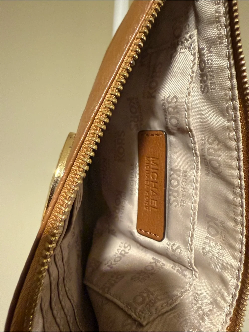 Michael Kors Cognac Leather Wristlet with Gold MK Emblem